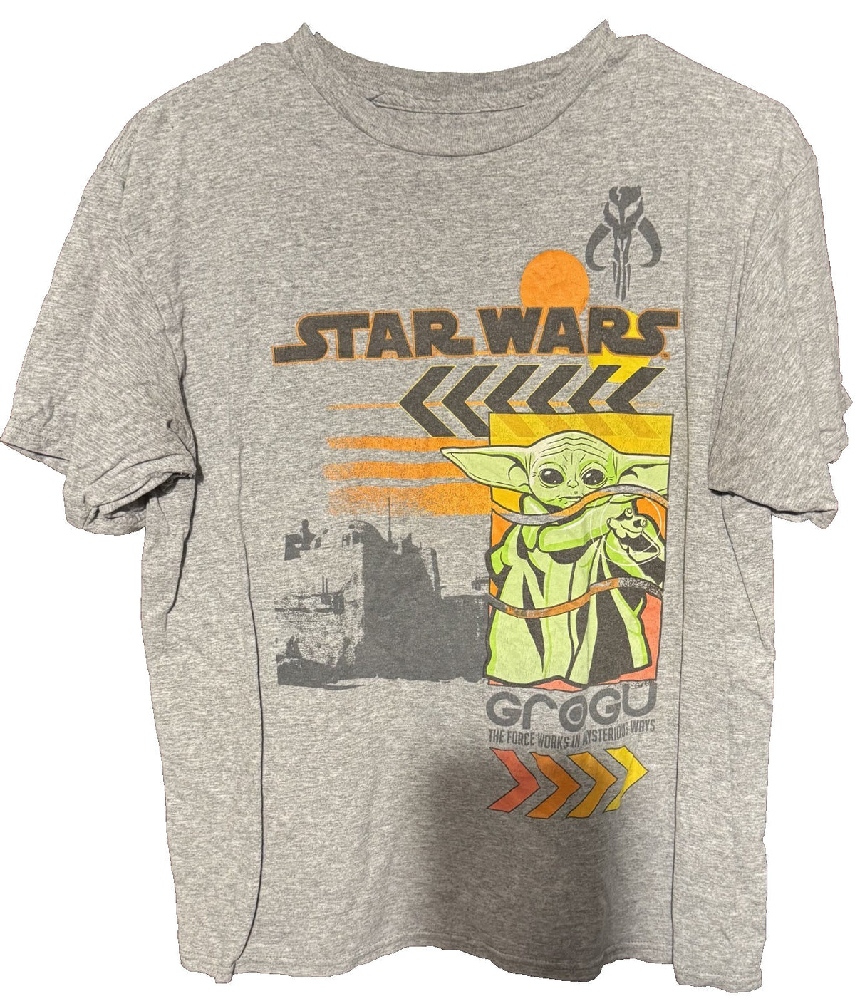 Star Wars Logo Mandalorian Grogu T-Shirt Kid's Size XL Gray