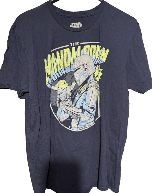 Star Wars Logo Mandalorian Grogu T-Shirt Men's Size L Blue