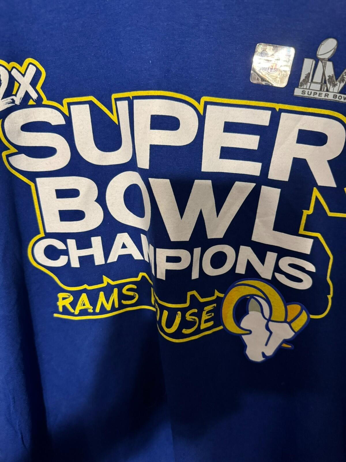 Los Angeles Rams Super Bowl LVI Champs Fanatics Mens tee Sz L Blue NEW WITH TAGS