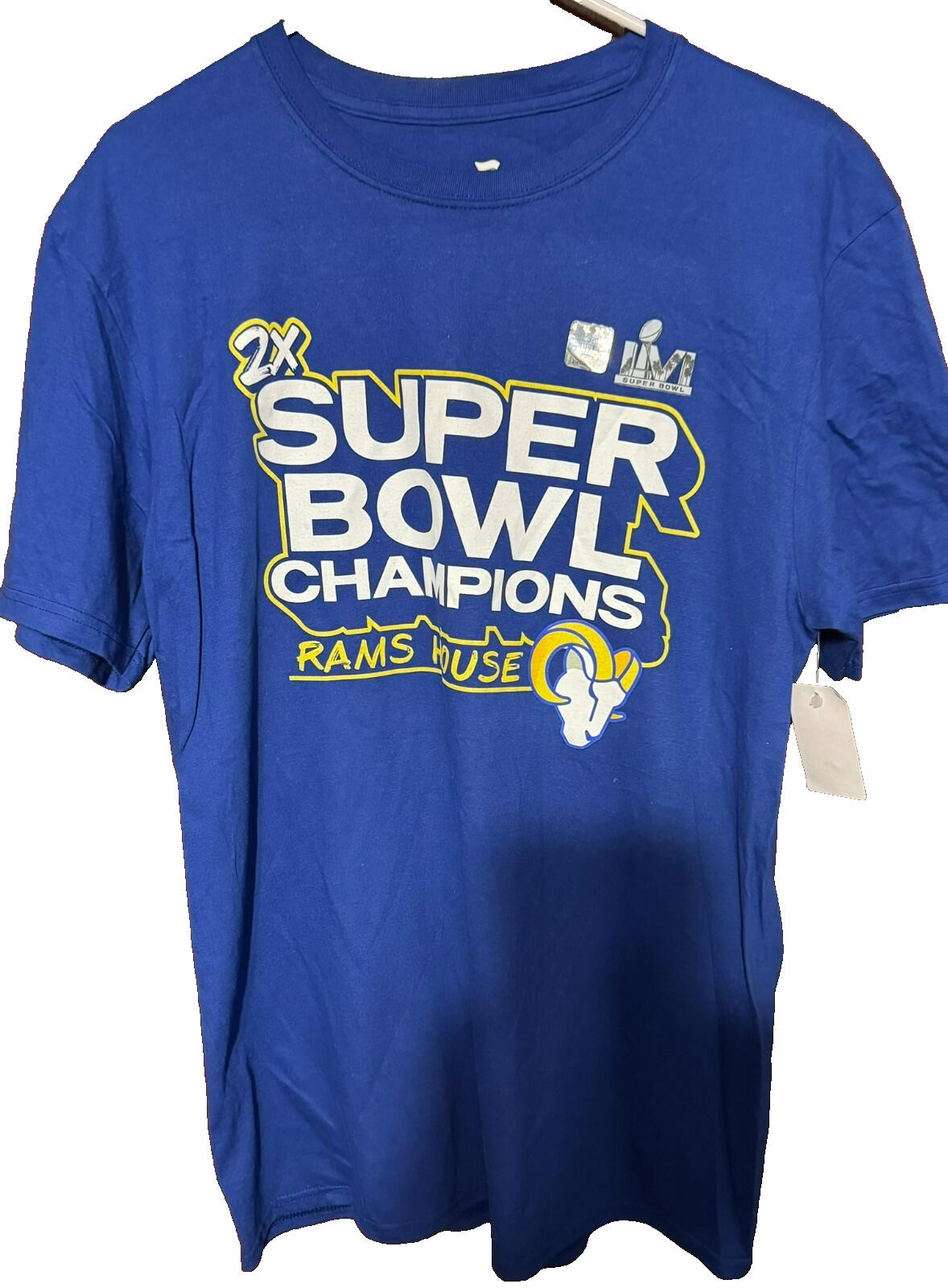 Los Angeles Rams Super Bowl LVI Champs Fanatics Mens tee Sz L Blue NEW WITH TAGS
