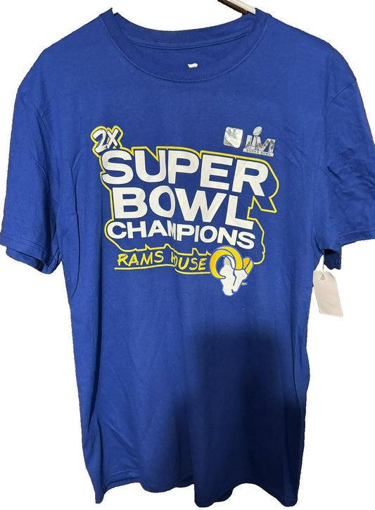 Los Angeles Rams Super Bowl LVI Champs Fanatics Mens tee Sz L Blue NEW WITH TAGS